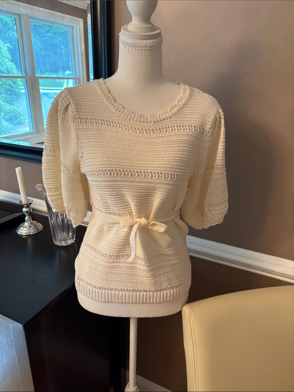 House of Harlow 1960 Cream Short-Sleeve Knit Sweater with Waist Tie